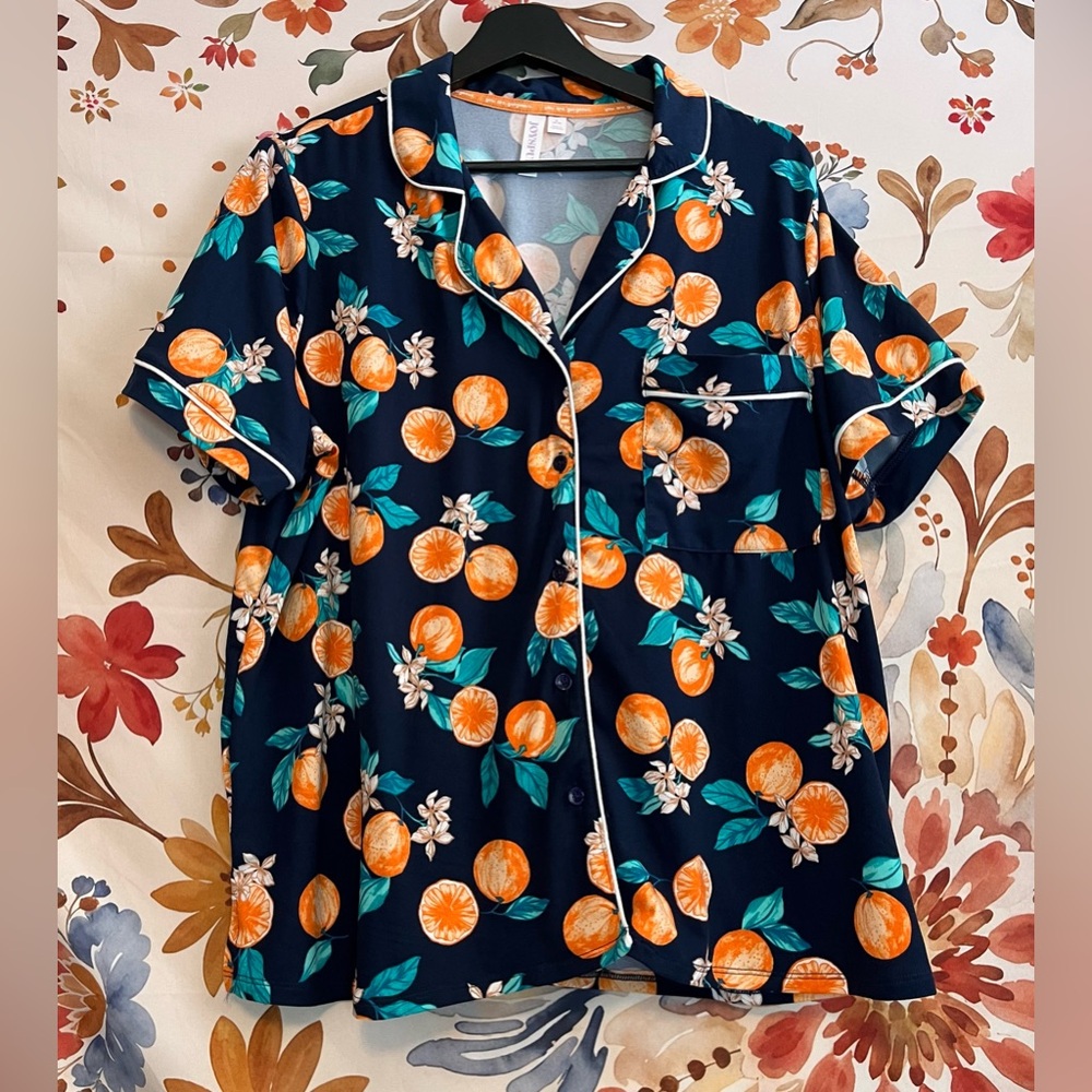 Super Soft XL Blue Orange Fruit Print Button Down PJ Lounge Sleep Shirt Spring - Picture 2 of 8